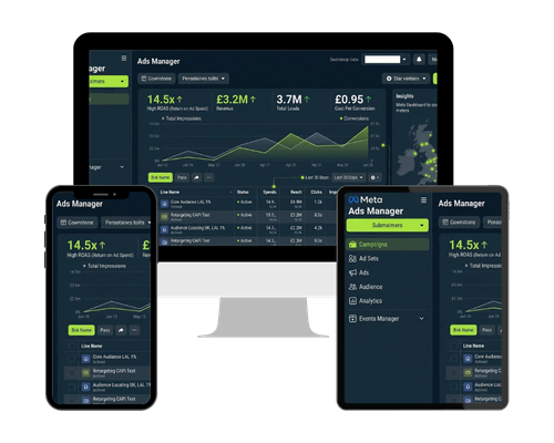 Meta Ads and Paid Social campaign visualization designed to drive immediate leads, sales, and high ROAS for UK businesses.