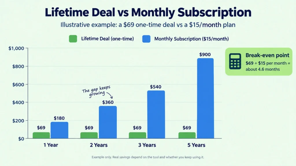 Bar chart comparing a $69 one-time lifetime deal with a $15 per month subscription over five years