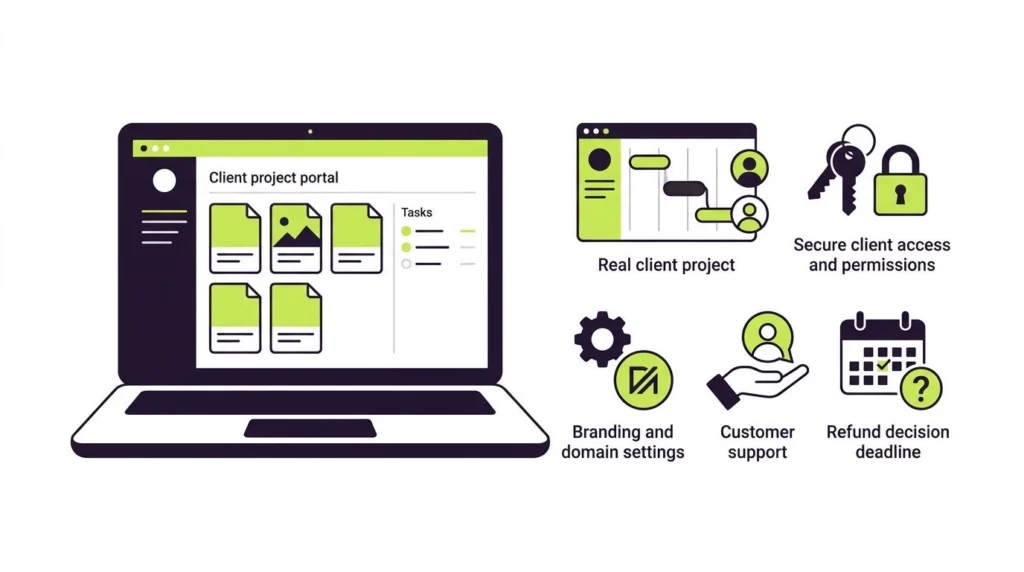 Checklist for testing FuseBase before buying: real client project, secure client access, branding and domain settings, support and refund deadline