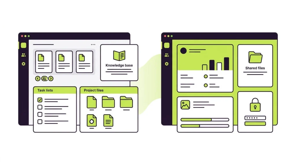 FuseBase internal workspace with task lists and project files next to a branded client portal with shared files and login