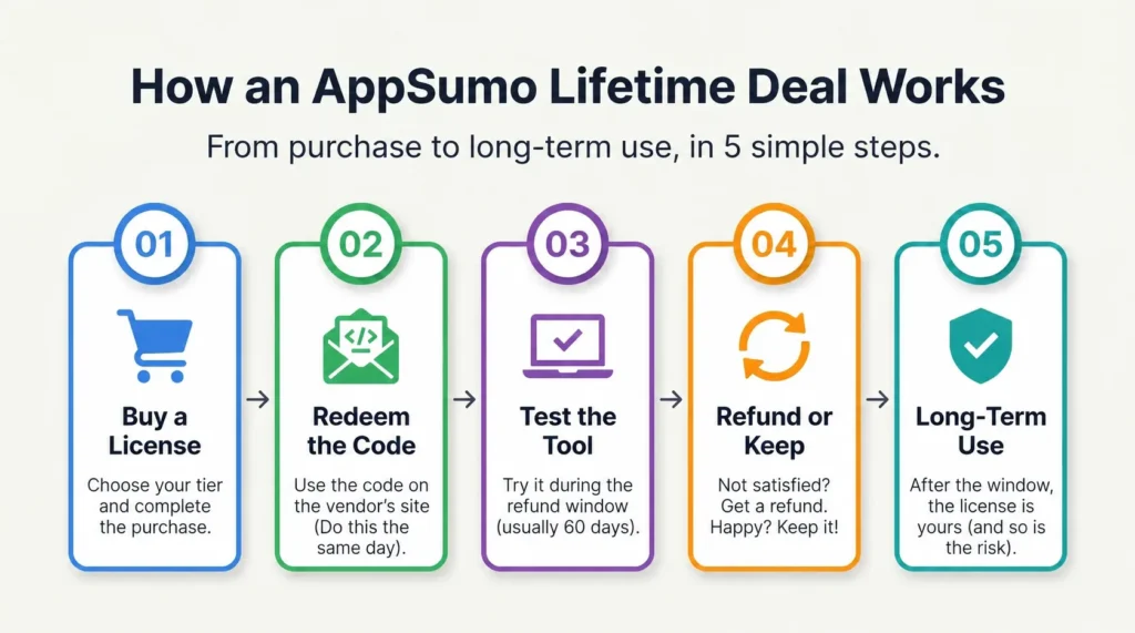 Five steps of how an AppSumo lifetime deal works, from purchase to refund or keep