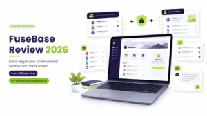 FuseBase review 2026 featured image showing a laptop with a client portal, internal team workspace, secure access and AI assistant